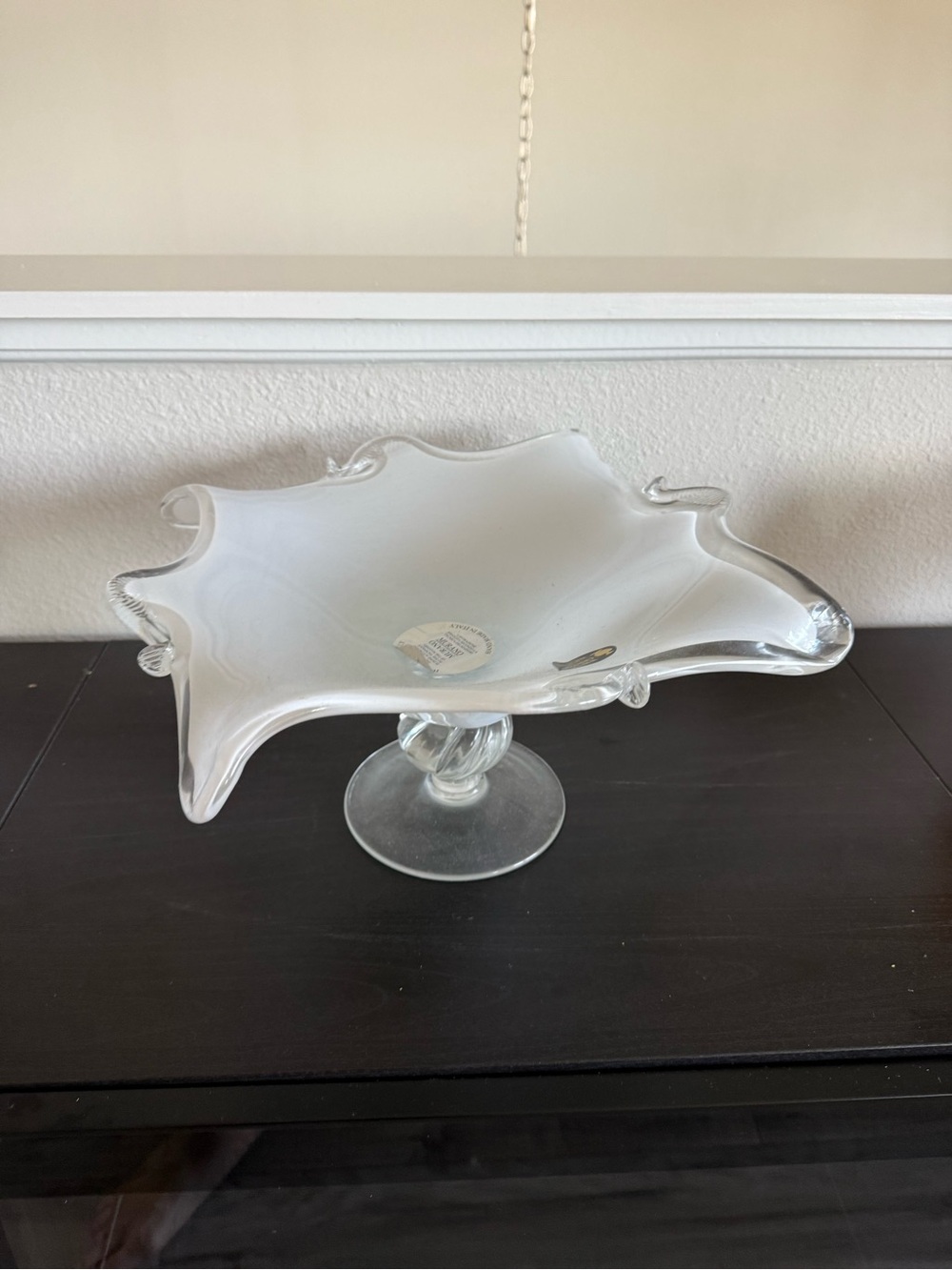 murano italy new Clear Ruffled Glass Pedestal Compote - White Accent